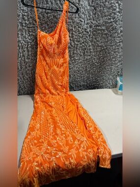 Source Unknown Orange Sequin Embellished Prom Dress